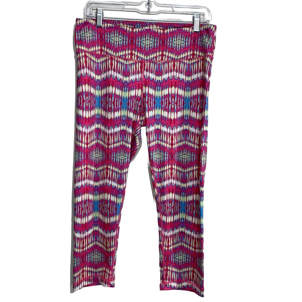 90 Degree by‎ Reflex Leggings Women L Pink Blue Ikat Capri Cropped Yoga Pants